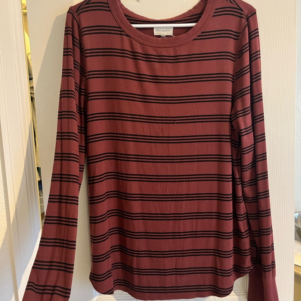 Thread & Supply Burgundy Striped Long Sleeve Tee